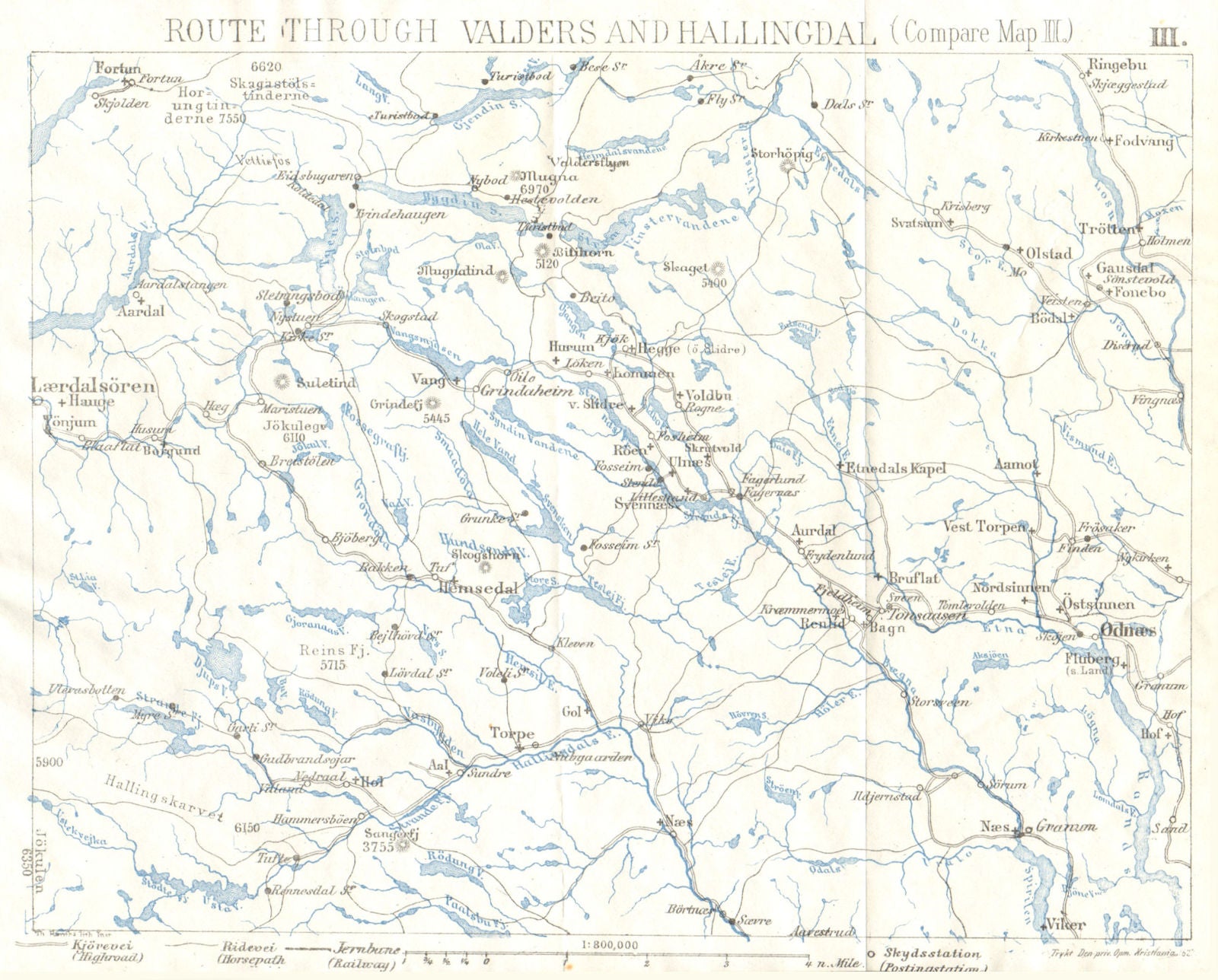 NORWAY. Route through Valders & Hallingdal 1896 old antique map plan chart